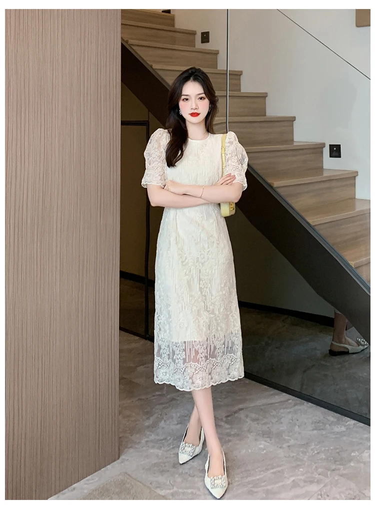 Summer White Lace Hook Flower Hollow Midi Dress Women Fashion Chic Luxury Party Evening Dress 2026 Korean Vintage Festival Dress
