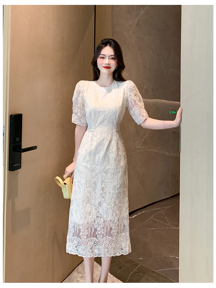 Summer White Lace Hook Flower Hollow Midi Dress Women Fashion Chic Luxury Party Evening Dress 2026 Korean Vintage Festival Dress