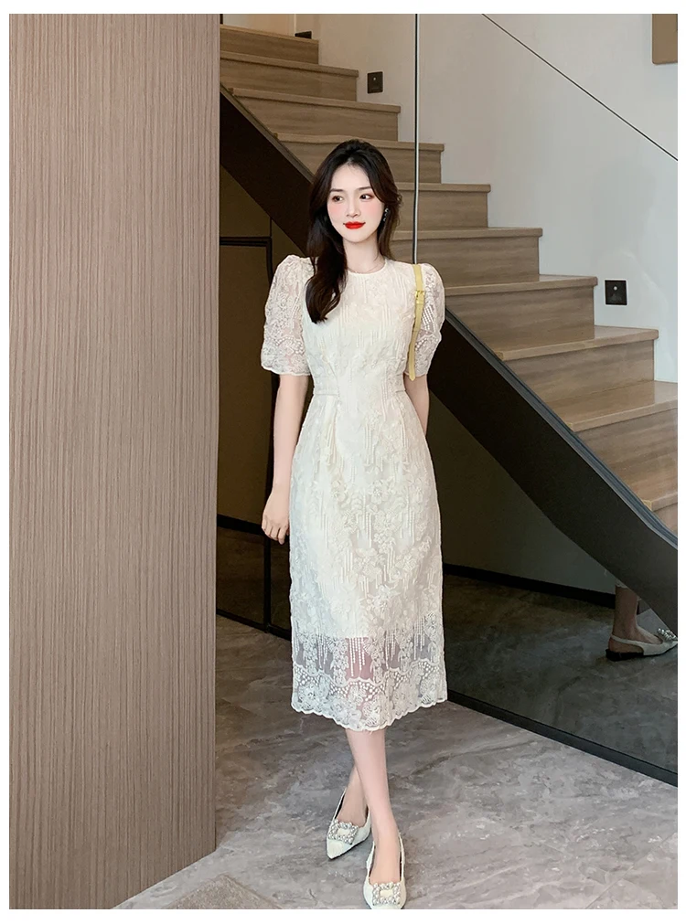 Summer White Lace Hook Flower Hollow Midi Dress Women Fashion Chic Luxury Party Evening Dress 2026 Korean Vintage Festival Dress