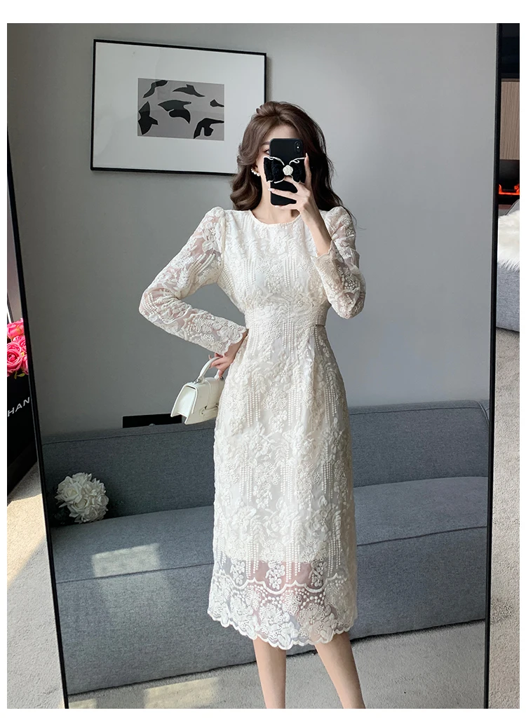 Summer White Lace Hook Flower Hollow Midi Dress Women Fashion Chic Luxury Party Evening Dress 2026 Korean Vintage Festival Dress