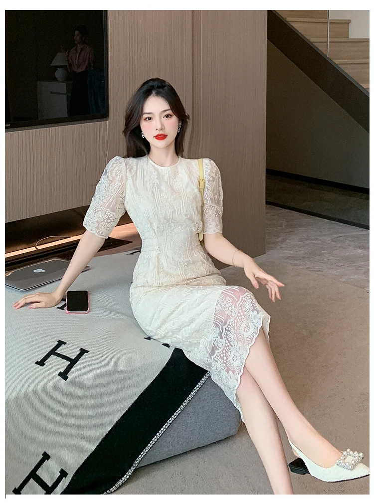 Summer White Lace Hook Flower Hollow Midi Dress Women Fashion Chic Luxury Party Evening Dress 2026 Korean Vintage Festival Dress