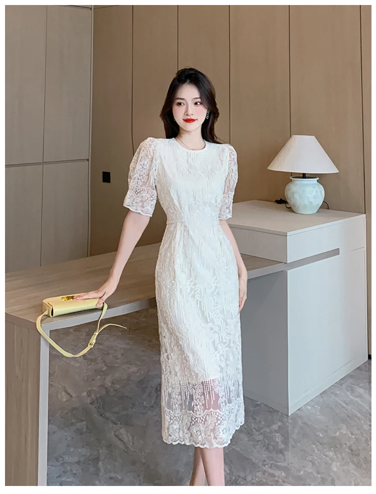 Summer White Lace Hook Flower Hollow Midi Dress Women Fashion Chic Luxury Party Evening Dress 2026 Korean Vintage Festival Dress
