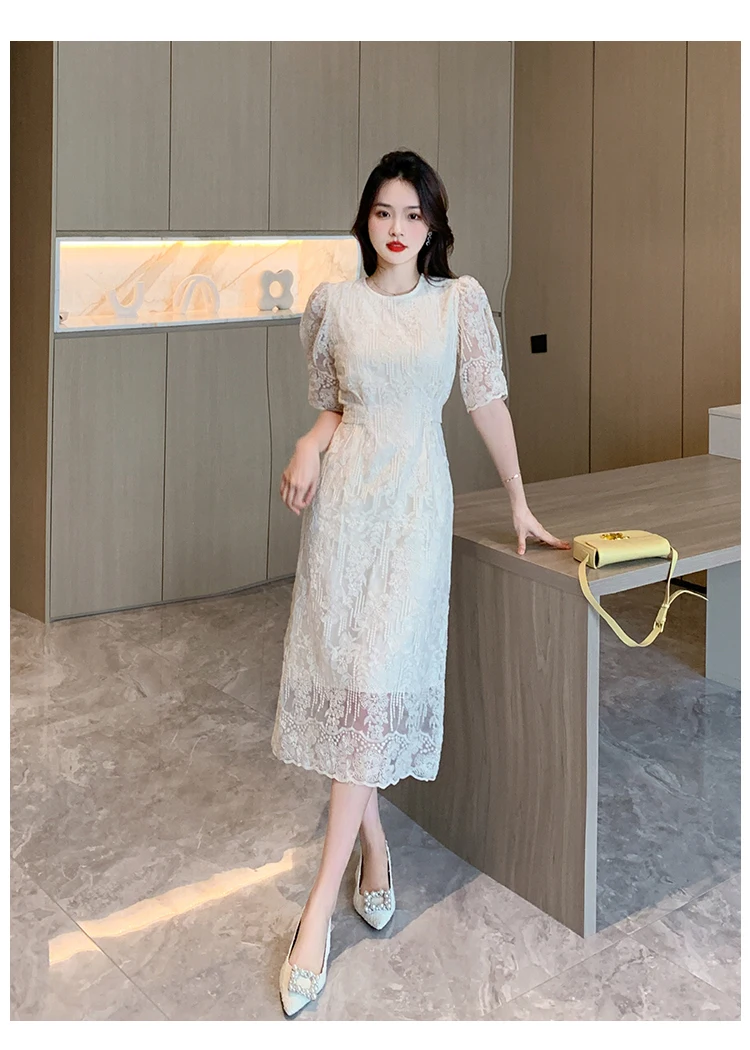 Summer White Lace Hook Flower Hollow Midi Dress Women Fashion Chic Luxury Party Evening Dress 2026 Korean Vintage Festival Dress