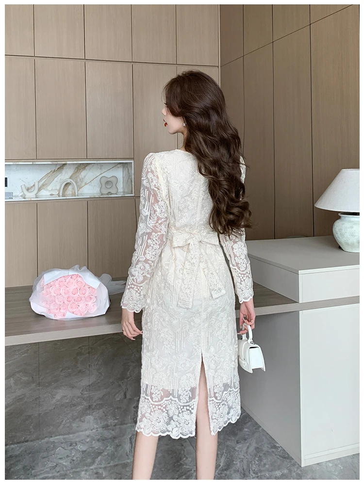 Summer White Lace Hook Flower Hollow Midi Dress Women Fashion Chic Luxury Party Evening Dress 2026 Korean Vintage Festival Dress