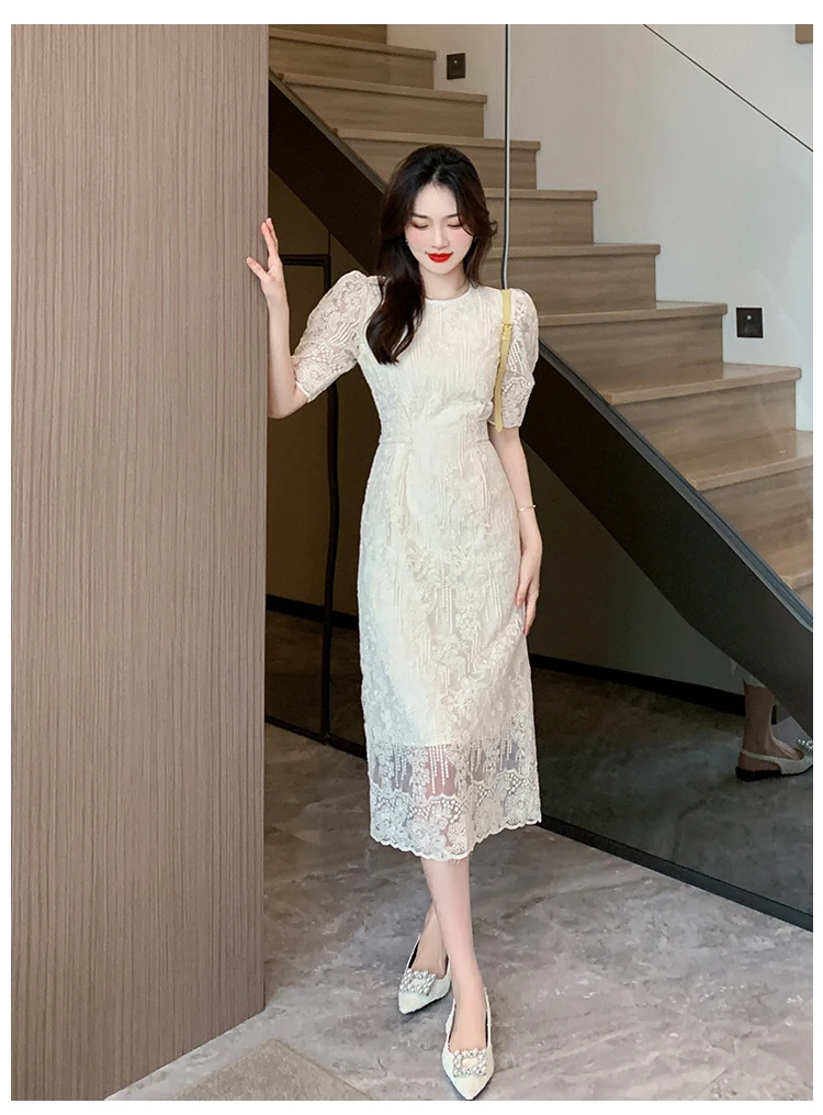Summer White Lace Hook Flower Hollow Midi Dress Women Fashion Chic Luxury Party Evening Dress 2026 Korean Vintage Festival Dress