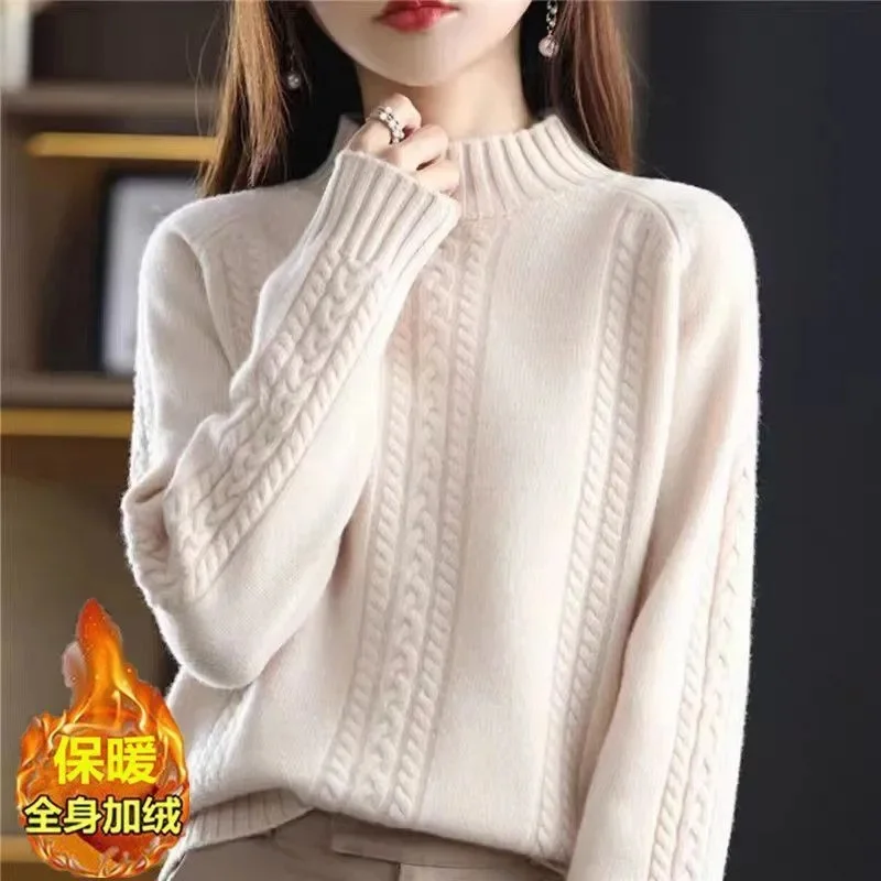 Velvet/Non Velvet Autumn/Winter Half High Collar Sweater Women's Outerwear Winter New Style Interior Top Bottom Knitted Sweater