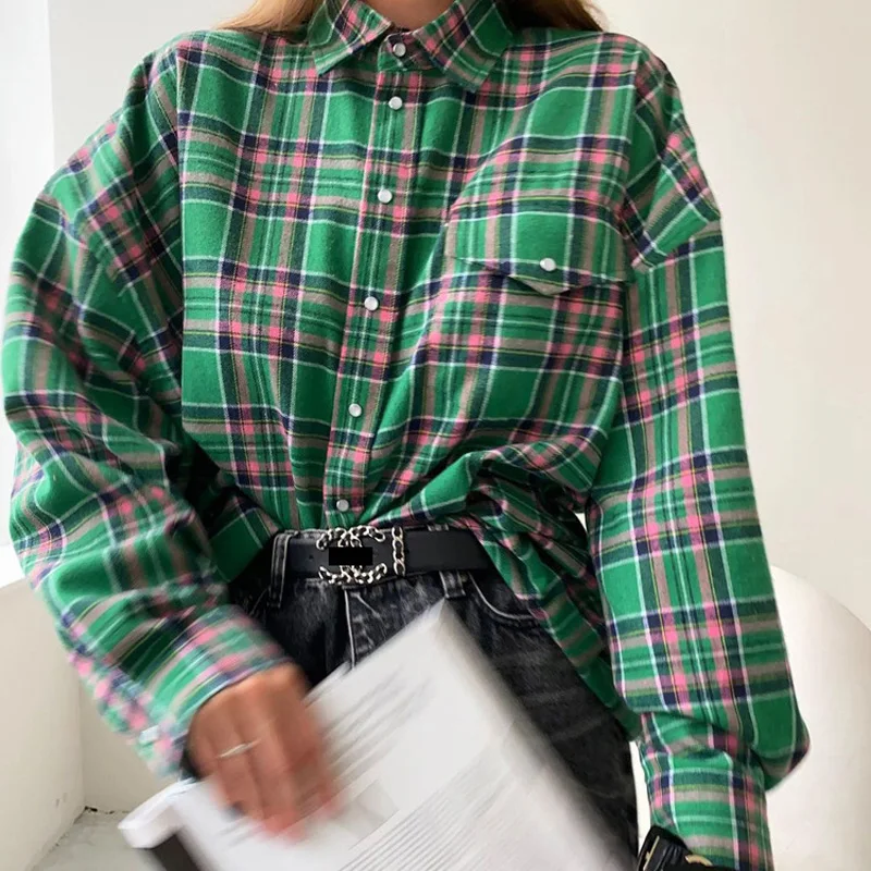 Mueyaruho 2023 Autumn Winter Women Oversized Thick Plaid Shirt Green Blue Vintage Long Sleeve Loose Fit Blouse For Woman