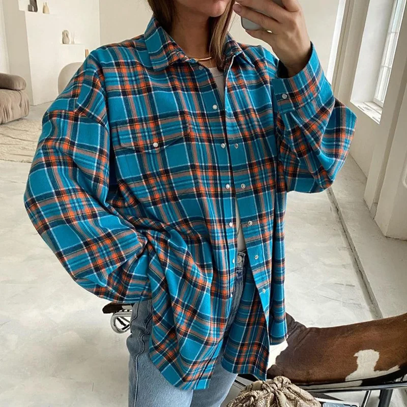 Mueyaruho 2023 Autumn Winter Women Oversized Thick Plaid Shirt Green Blue Vintage Long Sleeve Loose Fit Blouse For Woman