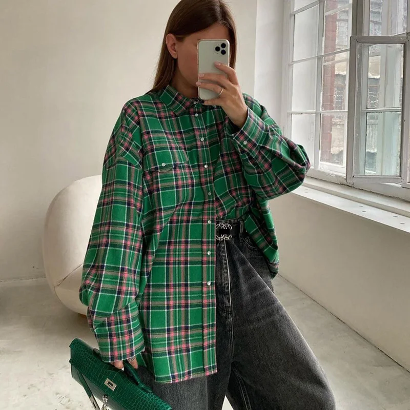 Mueyaruho 2023 Autumn Winter Women Oversized Thick Plaid Shirt Green Blue Vintage Long Sleeve Loose Fit Blouse For Woman