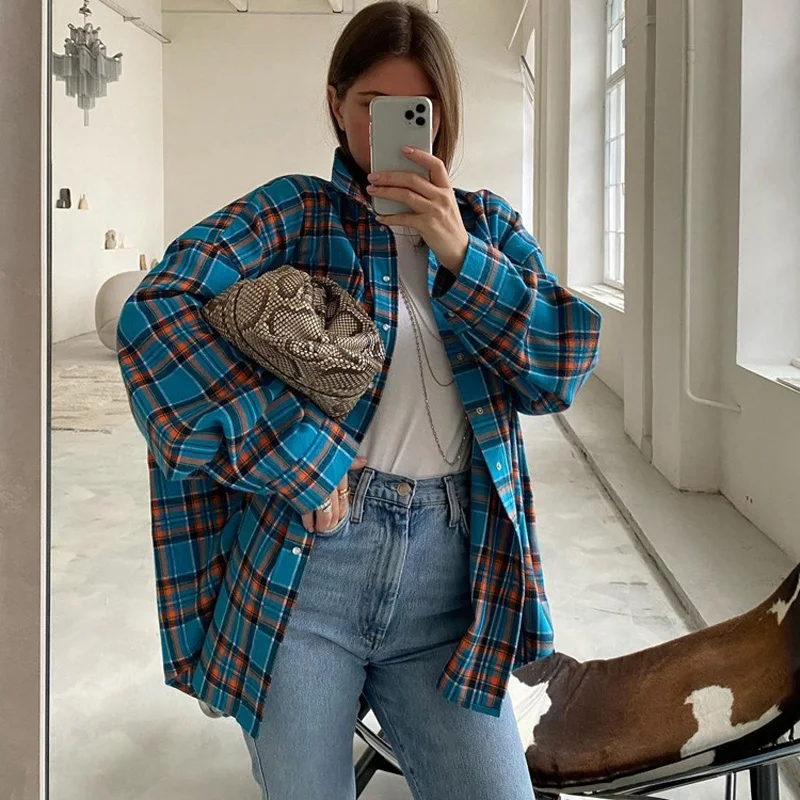 Mueyaruho 2023 Autumn Winter Women Oversized Thick Plaid Shirt Green Blue Vintage Long Sleeve Loose Fit Blouse For Woman