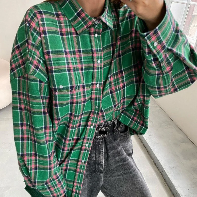 Mueyaruho 2023 Autumn Winter Women Oversized Thick Plaid Shirt Green Blue Vintage Long Sleeve Loose Fit Blouse For Woman