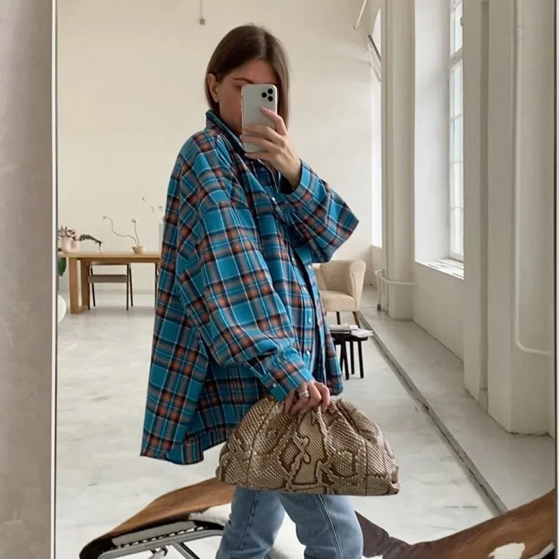 Mueyaruho 2023 Autumn Winter Women Oversized Thick Plaid Shirt Green Blue Vintage Long Sleeve Loose Fit Blouse For Woman
