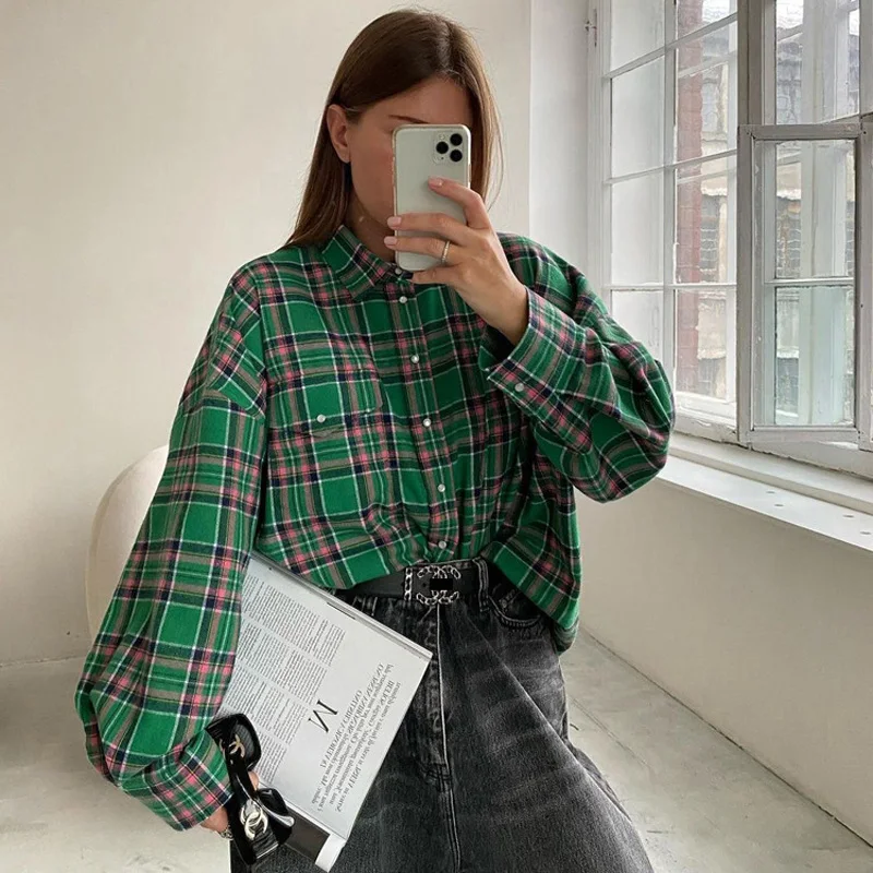 Mueyaruho 2023 Autumn Winter Women Oversized Thick Plaid Shirt Green Blue Vintage Long Sleeve Loose Fit Blouse For Woman