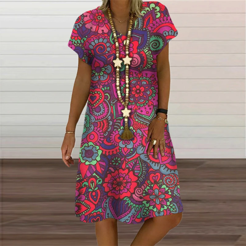 Rainbow Abstract Painting Women Dress Elegant Fashion 3D Print Short Sleeve Party Dresses Summer Casual Loose Oversized Clothing