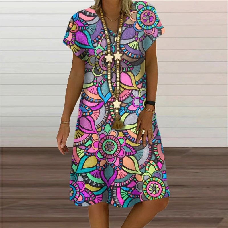 Rainbow Abstract Painting Women Dress Elegant Fashion 3D Print Short Sleeve Party Dresses Summer Casual Loose Oversized Clothing