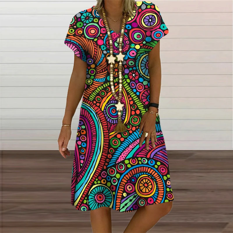 Rainbow Abstract Painting Women Dress Elegant Fashion 3D Print Short Sleeve Party Dresses Summer Casual Loose Oversized Clothing