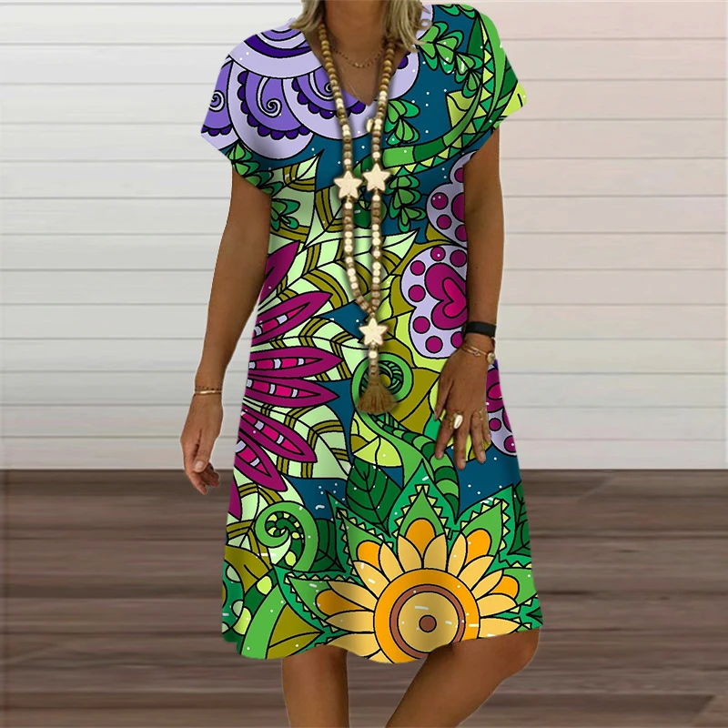 Rainbow Abstract Painting Women Dress Elegant Fashion 3D Print Short Sleeve Party Dresses Summer Casual Loose Oversized Clothing