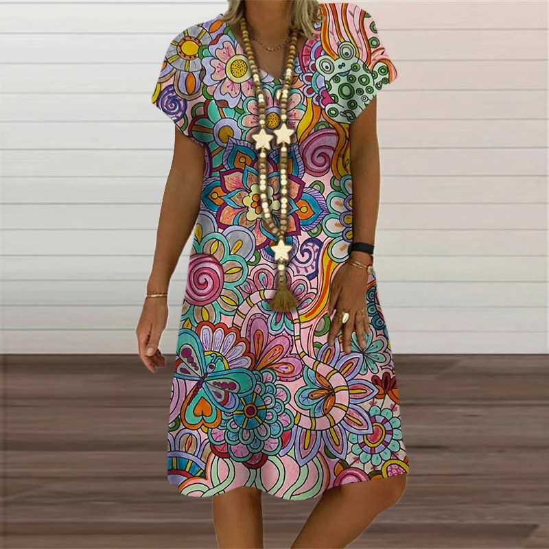 Rainbow Abstract Painting Women Dress Elegant Fashion 3D Print Short Sleeve Party Dresses Summer Casual Loose Oversized Clothing