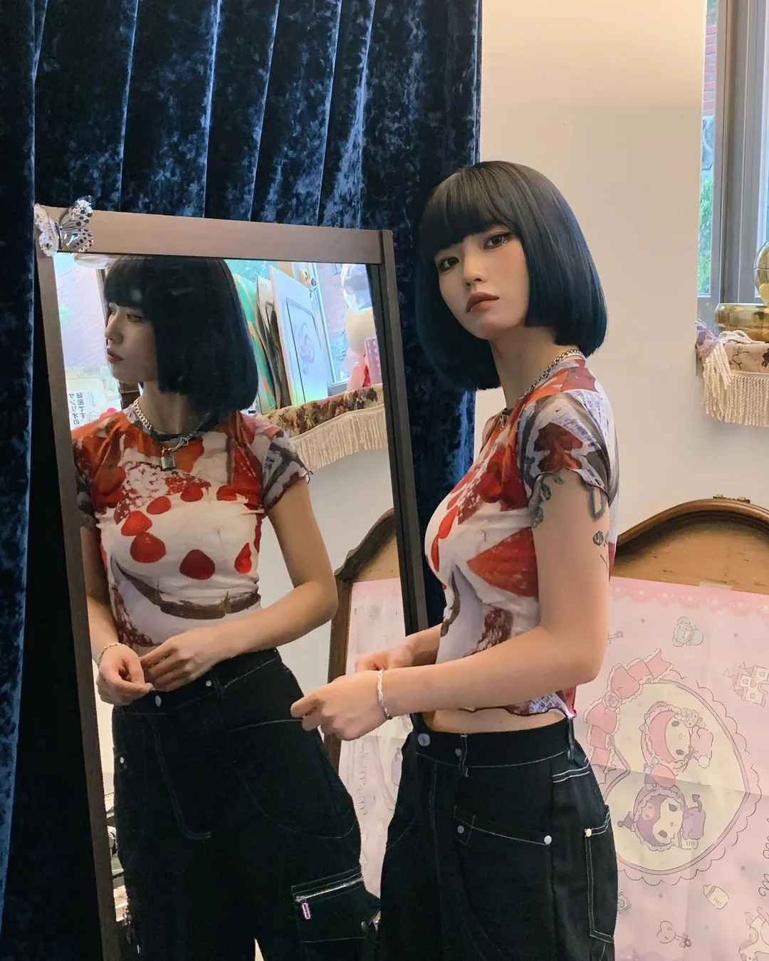 Karrram Y2k Aesthetics Mesh Tops Grunge Graphic Crop Top Korean Fashion Designer Clothes 2000s Harajuku Sheer Top E-girls Tshirt