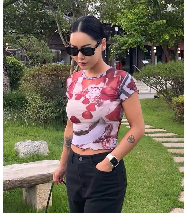 Karrram Y2k Aesthetics Mesh Tops Grunge Graphic Crop Top Korean Fashion Designer Clothes 2000s Harajuku Sheer Top E-girls Tshirt