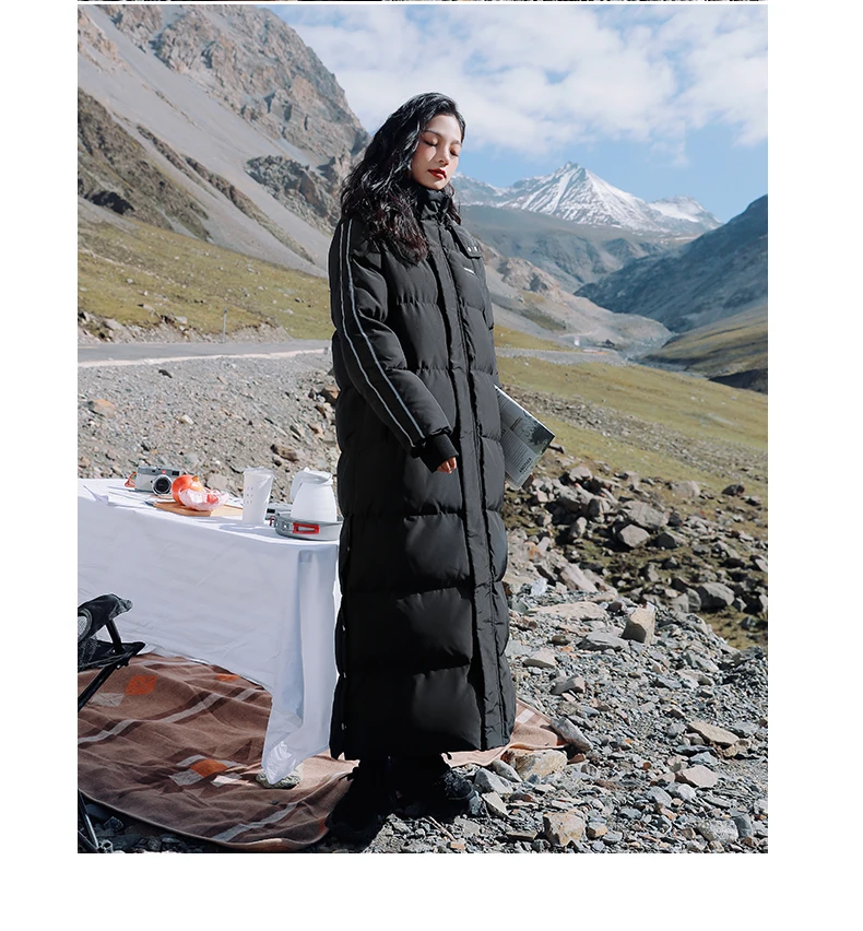 X-Long Ankle Length Women Hoodie Down Overcoat Winter Thicken Warm Jacket Fashion Striped Coat Hooded Snowwear
