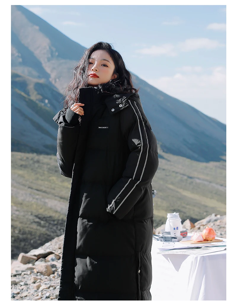 X-Long Ankle Length Women Hoodie Down Overcoat Winter Thicken Warm Jacket Fashion Striped Coat Hooded Snowwear