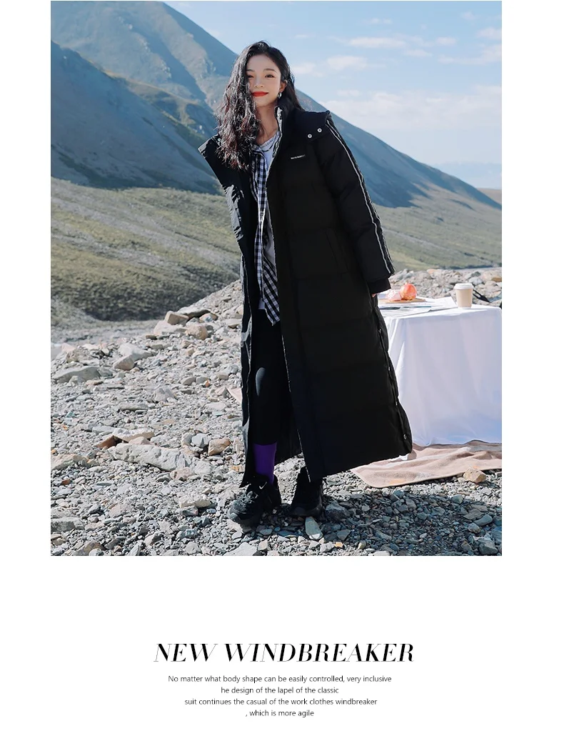 X-Long Ankle Length Women Hoodie Down Overcoat Winter Thicken Warm Jacket Fashion Striped Coat Hooded Snowwear