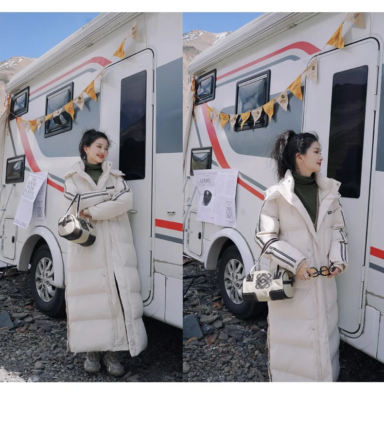 X-Long Ankle Length Women Hoodie Down Overcoat Winter Thicken Warm Jacket Fashion Striped Coat Hooded Snowwear