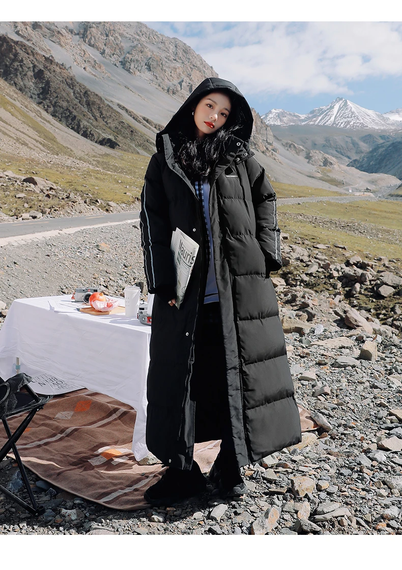 X-Long Ankle Length Women Hoodie Down Overcoat Winter Thicken Warm Jacket Fashion Striped Coat Hooded Snowwear