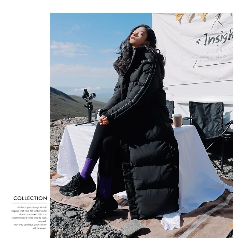 X-Long Ankle Length Women Hoodie Down Overcoat Winter Thicken Warm Jacket Fashion Striped Coat Hooded Snowwear