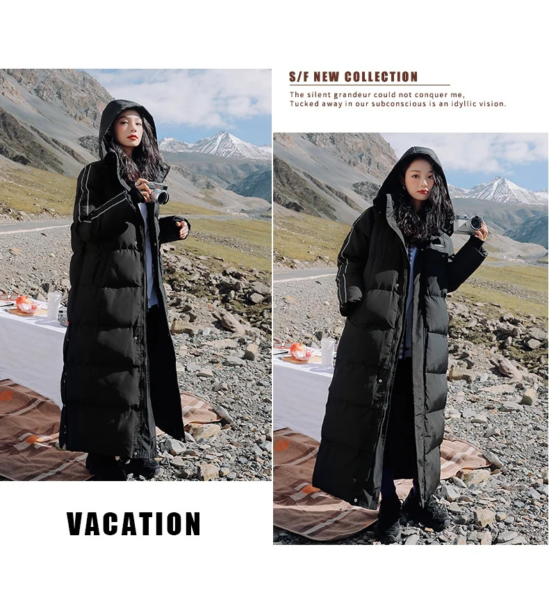 X-Long Ankle Length Women Hoodie Down Overcoat Winter Thicken Warm Jacket Fashion Striped Coat Hooded Snowwear