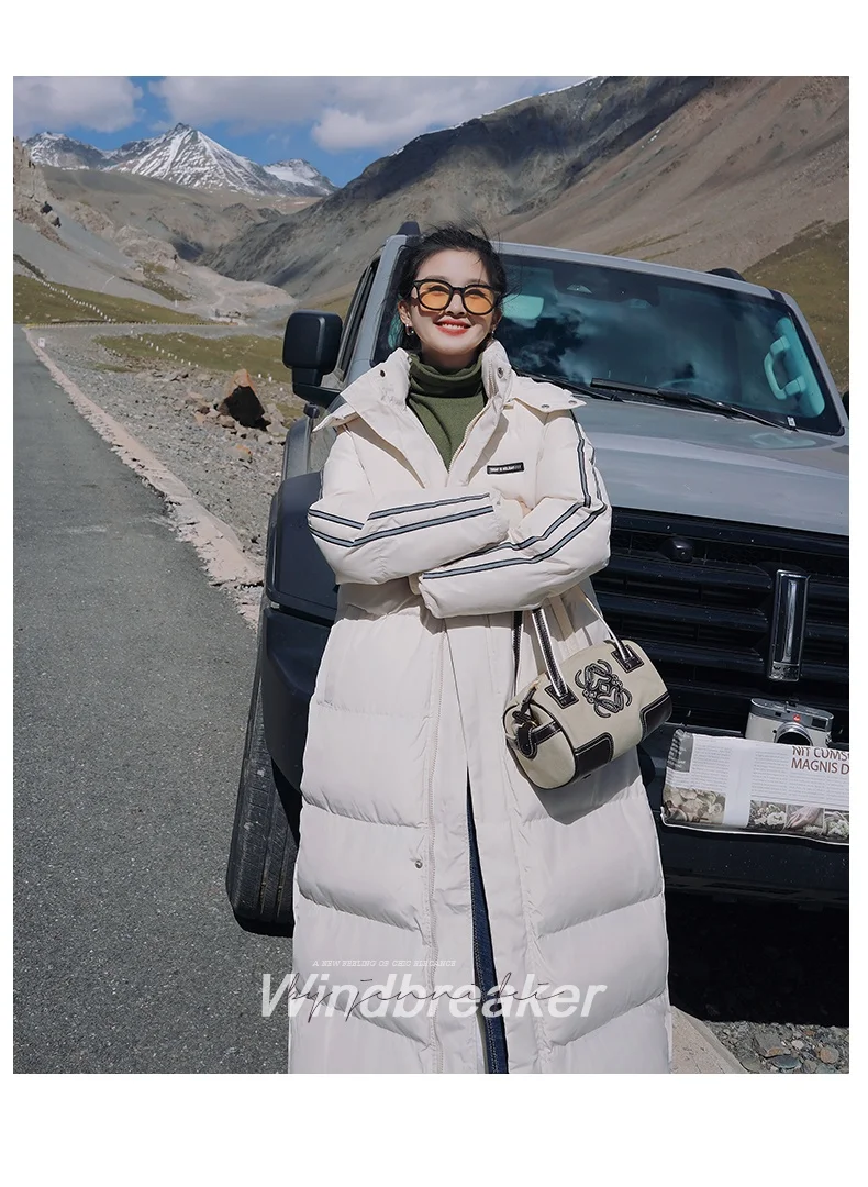 X-Long Ankle Length Women Hoodie Down Overcoat Winter Thicken Warm Jacket Fashion Striped Coat Hooded Snowwear