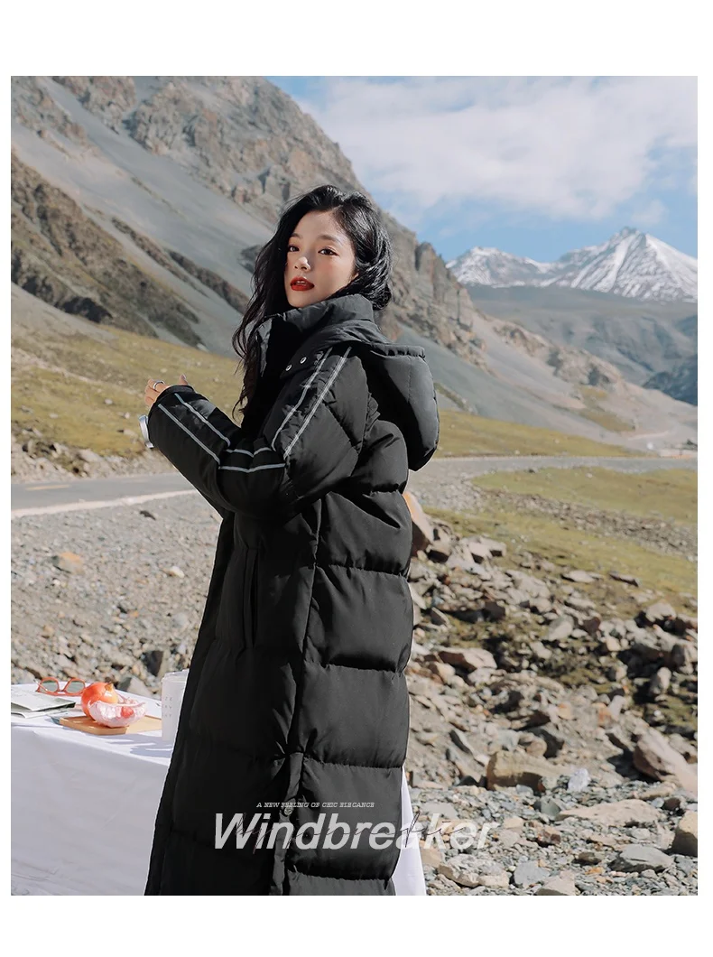 X-Long Ankle Length Women Hoodie Down Overcoat Winter Thicken Warm Jacket Fashion Striped Coat Hooded Snowwear
