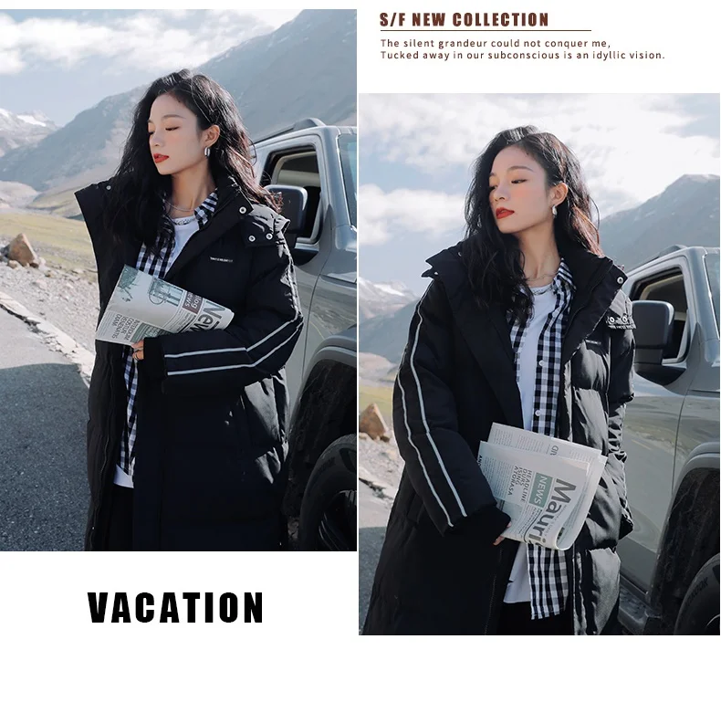 X-Long Ankle Length Women Hoodie Down Overcoat Winter Thicken Warm Jacket Fashion Striped Coat Hooded Snowwear