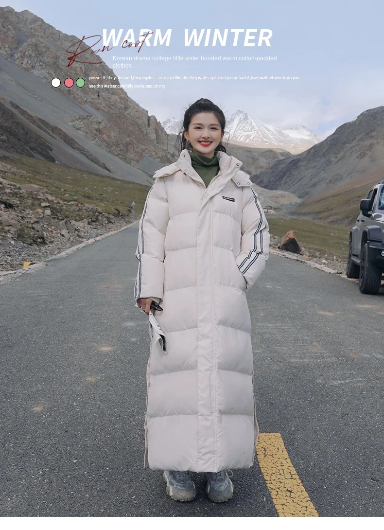X-Long Ankle Length Women Hoodie Down Overcoat Winter Thicken Warm Jacket Fashion Striped Coat Hooded Snowwear