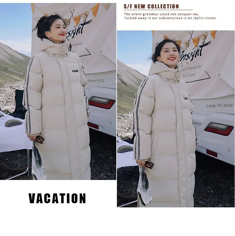 X-Long Ankle Length Women Hoodie Down Overcoat Winter Thicken Warm Jacket Fashion Striped Coat Hooded Snowwear