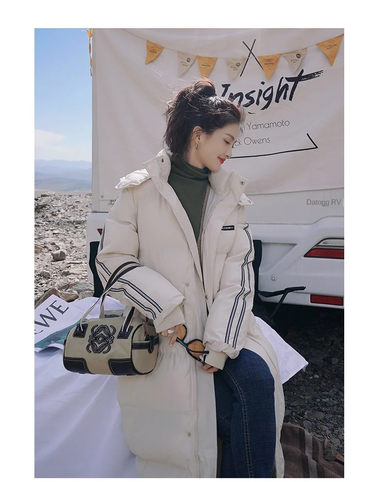 X-Long Ankle Length Women Hoodie Down Overcoat Winter Thicken Warm Jacket Fashion Striped Coat Hooded Snowwear