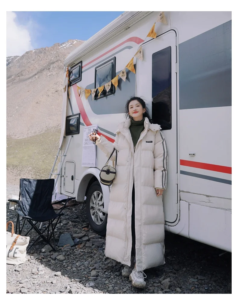 X-Long Ankle Length Women Hoodie Down Overcoat Winter Thicken Warm Jacket Fashion Striped Coat Hooded Snowwear
