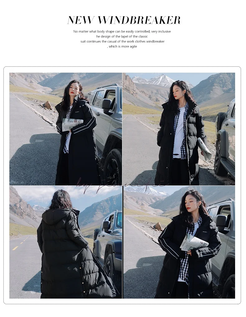 X-Long Ankle Length Women Hoodie Down Overcoat Winter Thicken Warm Jacket Fashion Striped Coat Hooded Snowwear