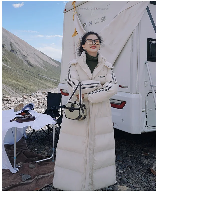 X-Long Ankle Length Women Hoodie Down Overcoat Winter Thicken Warm Jacket Fashion Striped Coat Hooded Snowwear