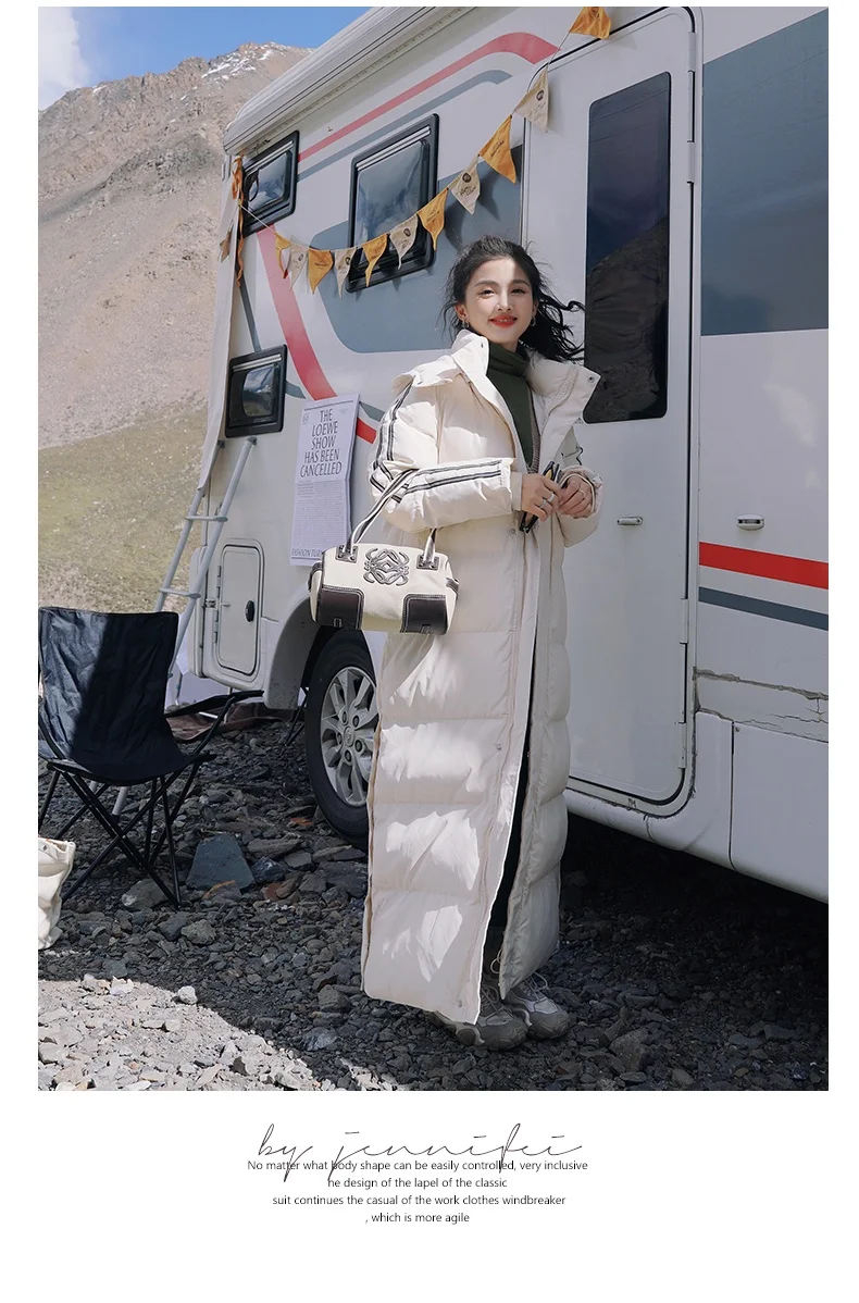 X-Long Ankle Length Women Hoodie Down Overcoat Winter Thicken Warm Jacket Fashion Striped Coat Hooded Snowwear