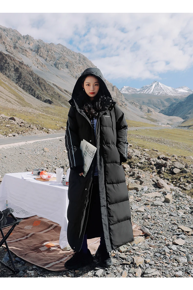 X-Long Ankle Length Women Hoodie Down Overcoat Winter Thicken Warm Jacket Fashion Striped Coat Hooded Snowwear