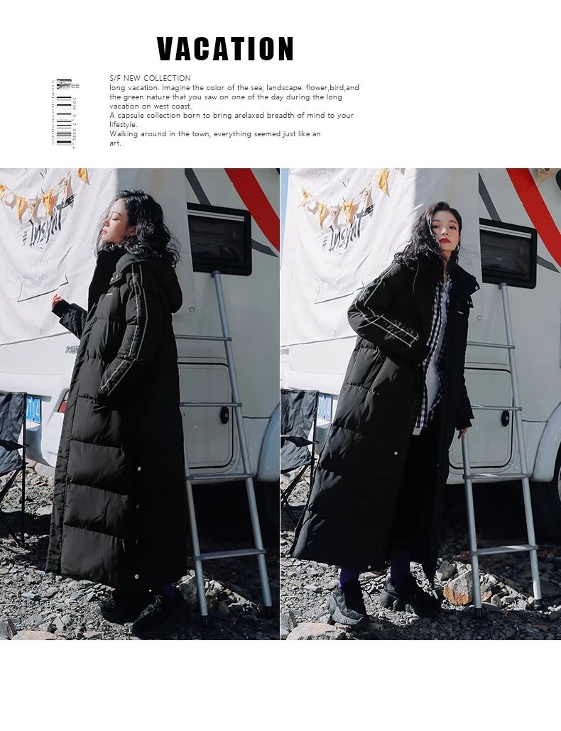 X-Long Ankle Length Women Hoodie Down Overcoat Winter Thicken Warm Jacket Fashion Striped Coat Hooded Snowwear
