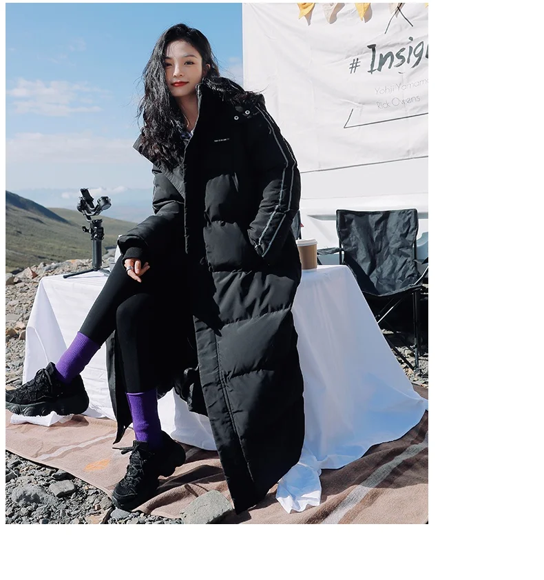 X-Long Ankle Length Women Hoodie Down Overcoat Winter Thicken Warm Jacket Fashion Striped Coat Hooded Snowwear