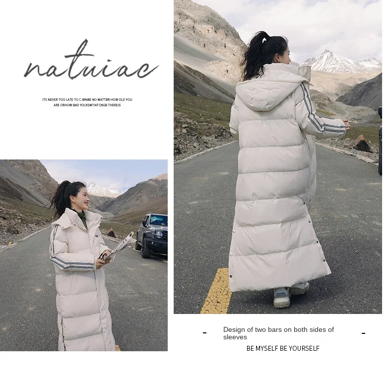 X-Long Ankle Length Women Hoodie Down Overcoat Winter Thicken Warm Jacket Fashion Striped Coat Hooded Snowwear