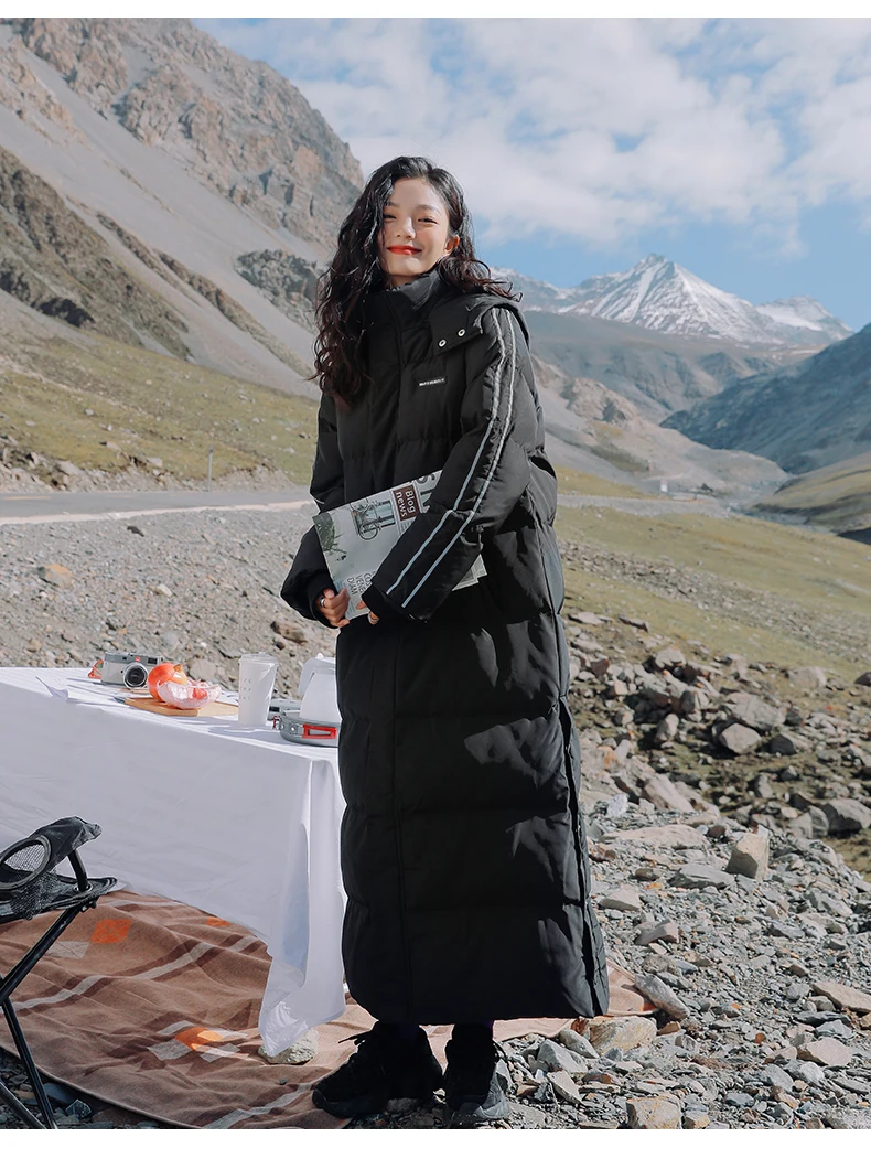 X-Long Ankle Length Women Hoodie Down Overcoat Winter Thicken Warm Jacket Fashion Striped Coat Hooded Snowwear