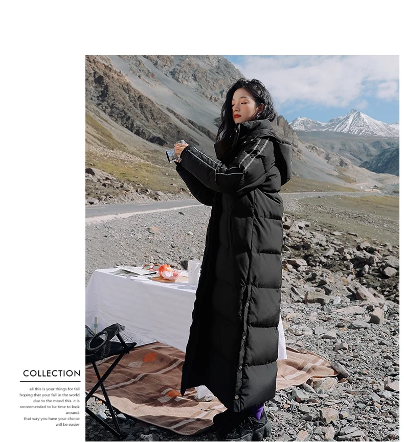 X-Long Ankle Length Women Hoodie Down Overcoat Winter Thicken Warm Jacket Fashion Striped Coat Hooded Snowwear