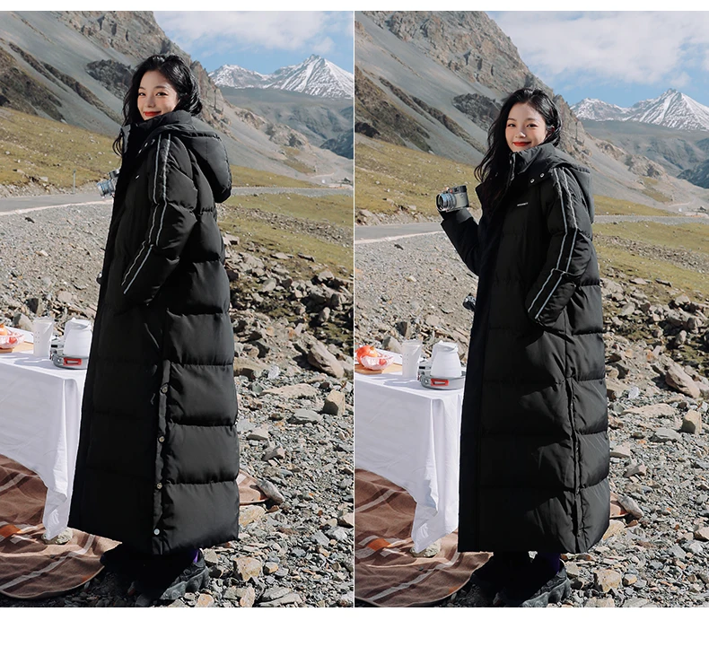 X-Long Ankle Length Women Hoodie Down Overcoat Winter Thicken Warm Jacket Fashion Striped Coat Hooded Snowwear
