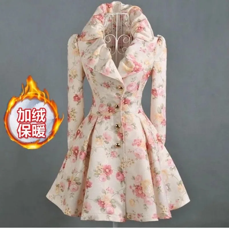 Women Windbreaker Mid Length Autumn New 2023 Trendy Westernized Large Lapel Print With Waistband Skirt Hem For Women's Outerwear