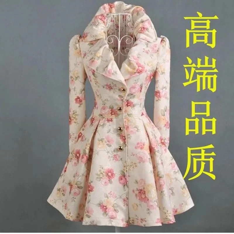 Women Windbreaker Mid Length Autumn New 2023 Trendy Westernized Large Lapel Print With Waistband Skirt Hem For Women's Outerwear